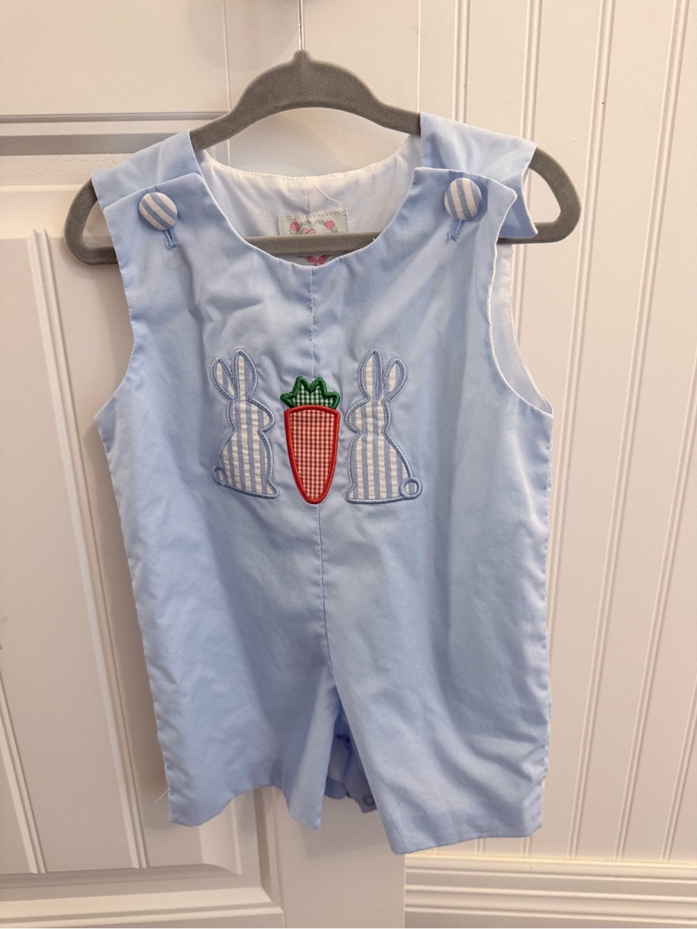 Cecil and Lou Light Blue Bunny & Carrot Applique Baby Romper